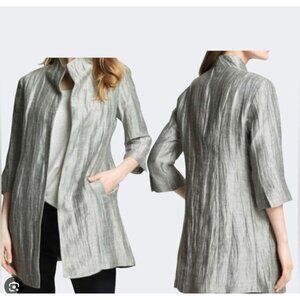 Eileen Fisher Womens Medium Petite Silver Crinkle Linen Blend Open Jacket